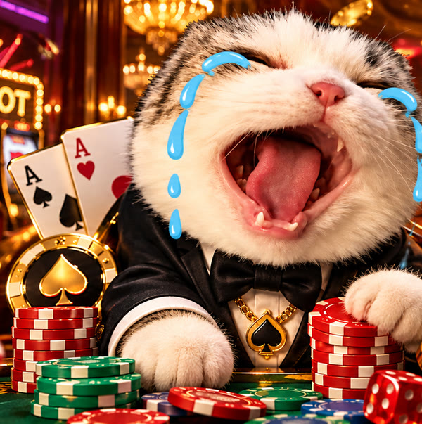 The crying tuxedo cat at the table, paws on a stack of chips